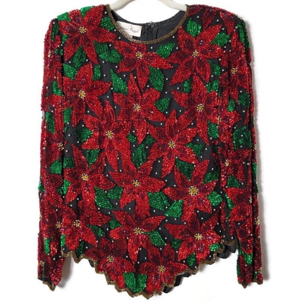 Vintage Laurence Kazar New York Silk Poinsettia Beaded Sequin Long Sleeve Top PL